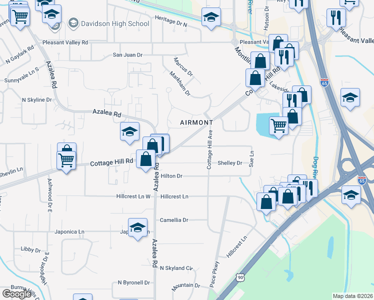 map of restaurants, bars, coffee shops, grocery stores, and more near 3868 Hawthorne Drive in Mobile