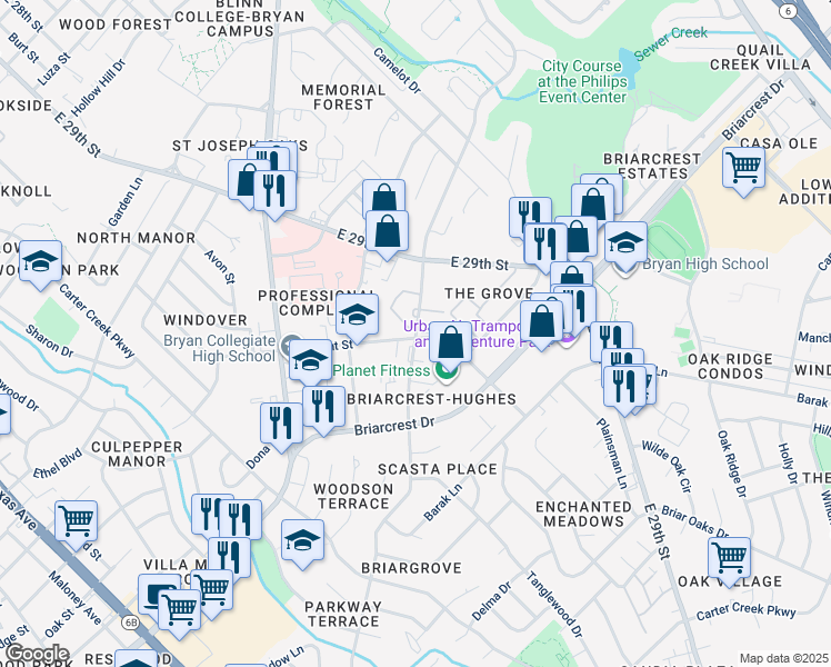 map of restaurants, bars, coffee shops, grocery stores, and more near 2301 Broadmoor Drive in Bryan