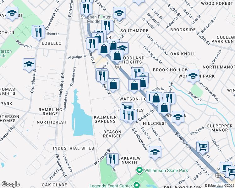 map of restaurants, bars, coffee shops, grocery stores, and more near 1709 Echols Street in Bryan