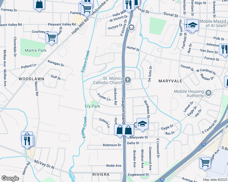 map of restaurants, bars, coffee shops, grocery stores, and more near 1150 Jackson Road in Mobile