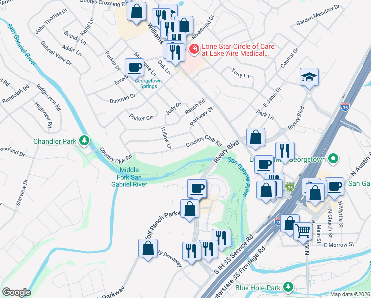 map of restaurants, bars, coffee shops, grocery stores, and more near 805 Country Club Road in Georgetown