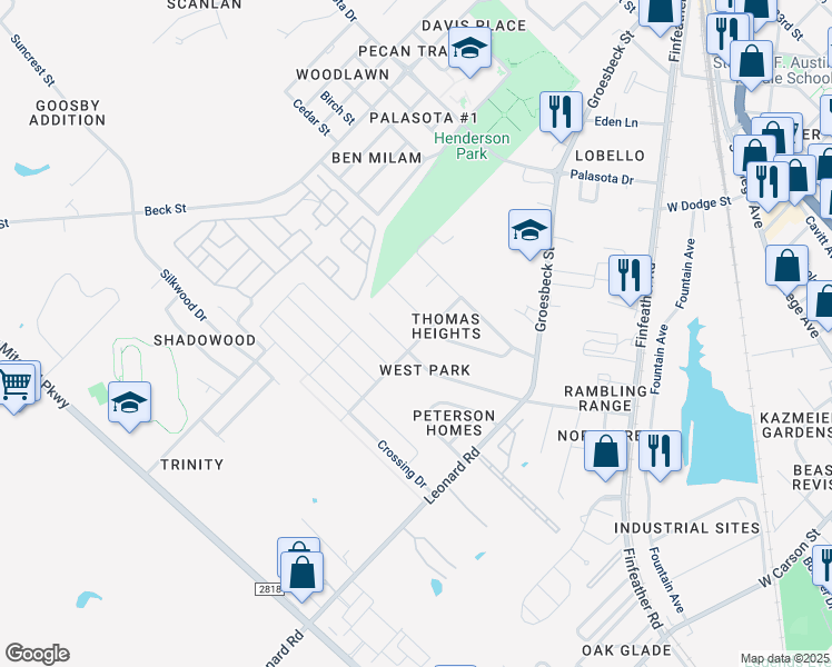 map of restaurants, bars, coffee shops, grocery stores, and more near 700 Leonard Drive in Bryan
