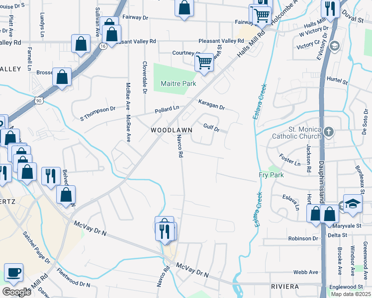 map of restaurants, bars, coffee shops, grocery stores, and more near 2446 Nortons Lane in Mobile