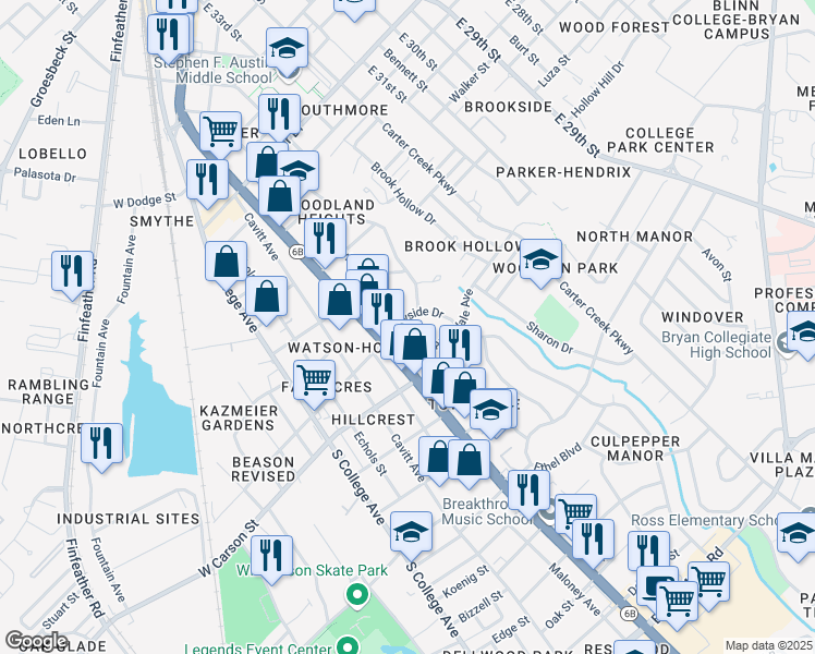 map of restaurants, bars, coffee shops, grocery stores, and more near 505 Wayside Drive in Bryan