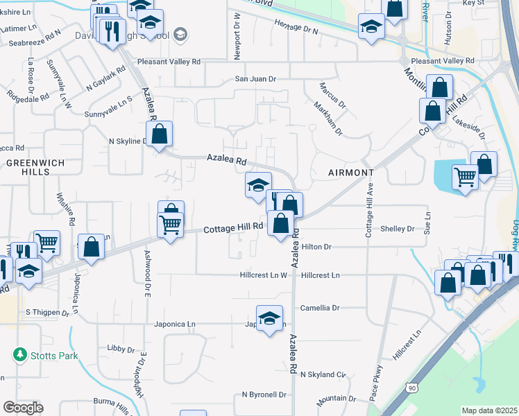 map of restaurants, bars, coffee shops, grocery stores, and more near 3956 Cottage Hill Road in Mobile