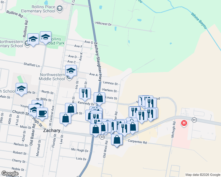 map of restaurants, bars, coffee shops, grocery stores, and more near 5306 Lennox Street in Zachary
