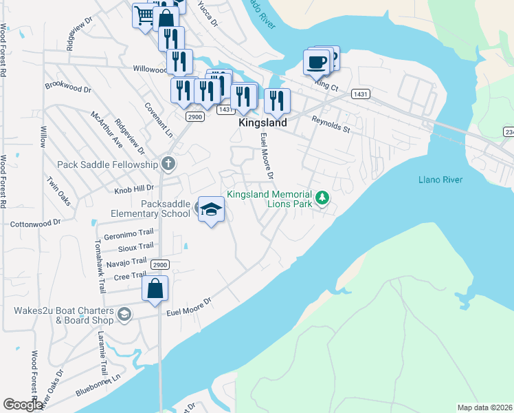 map of restaurants, bars, coffee shops, grocery stores, and more near 447 South Drive in Kingsland