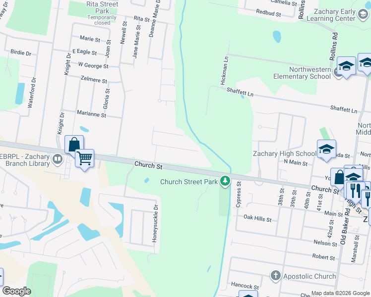 map of restaurants, bars, coffee shops, grocery stores, and more near 2931 March Street in Zachary