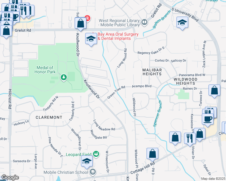 map of restaurants, bars, coffee shops, grocery stores, and more near 5726 Green Tree Road in Mobile