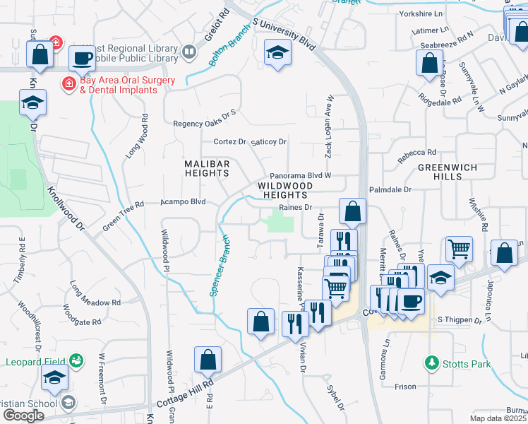 map of restaurants, bars, coffee shops, grocery stores, and more near 5367 Raines Drive in Mobile
