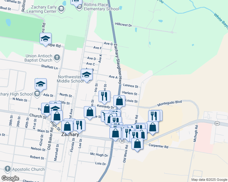 map of restaurants, bars, coffee shops, grocery stores, and more near 5157 Zachary-Slaughter Highway in Zachary