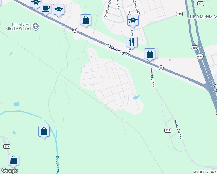 map of restaurants, bars, coffee shops, grocery stores, and more near 304 Freedom Park Avenue in Liberty Hill