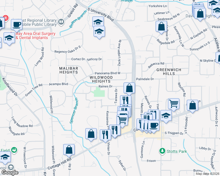 map of restaurants, bars, coffee shops, grocery stores, and more near 4301-4305 Raines Drive in Mobile