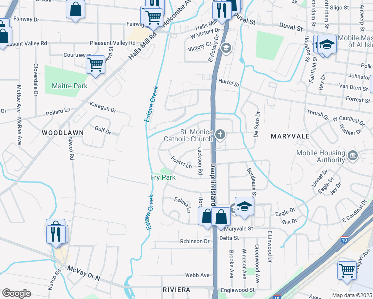 map of restaurants, bars, coffee shops, grocery stores, and more near 2060 Zula Lane in Mobile