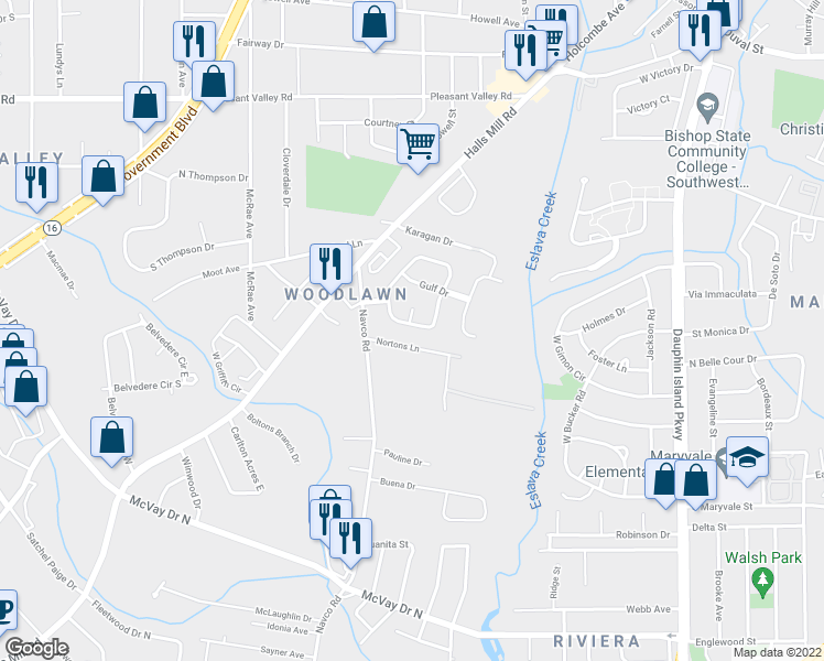 map of restaurants, bars, coffee shops, grocery stores, and more near 2457 South Gulf Terra Drive in Mobile