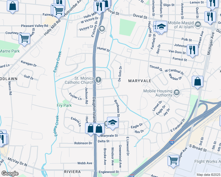 map of restaurants, bars, coffee shops, grocery stores, and more near 1904 Saint Monica Drive in Mobile