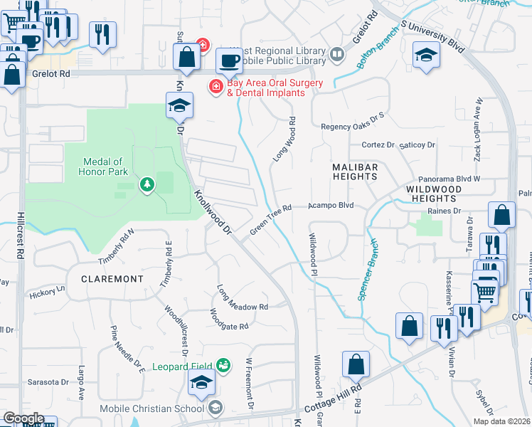 map of restaurants, bars, coffee shops, grocery stores, and more near 5726 Green Tree Road in Mobile