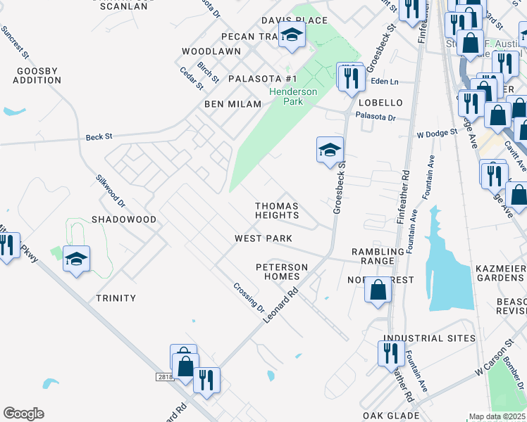 map of restaurants, bars, coffee shops, grocery stores, and more near 700 Leonard Drive in Bryan
