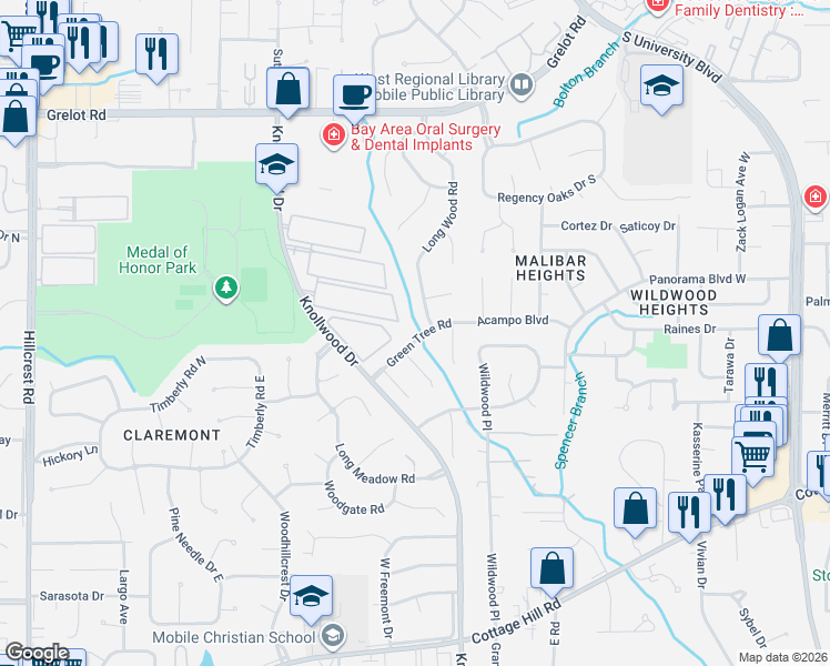 map of restaurants, bars, coffee shops, grocery stores, and more near 5726 Green Tree Road in Mobile