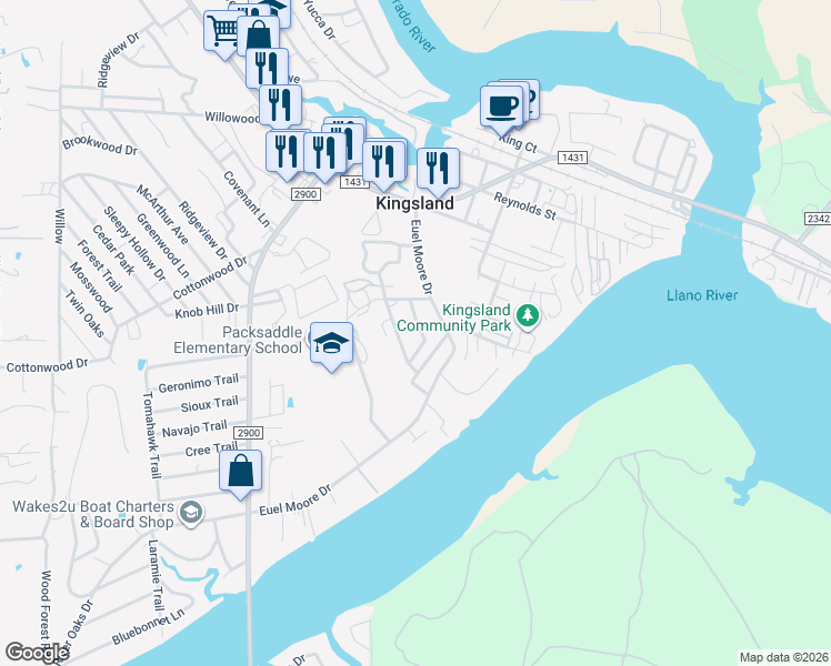 map of restaurants, bars, coffee shops, grocery stores, and more near 447 South Drive in Kingsland