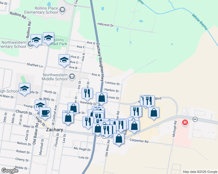 map of restaurants, bars, coffee shops, grocery stores, and more near 5252 Louisiana 19 in Zachary