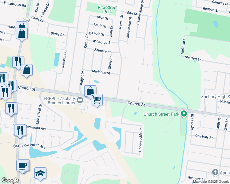 map of restaurants, bars, coffee shops, grocery stores, and more near 4747 Newell Street in Zachary
