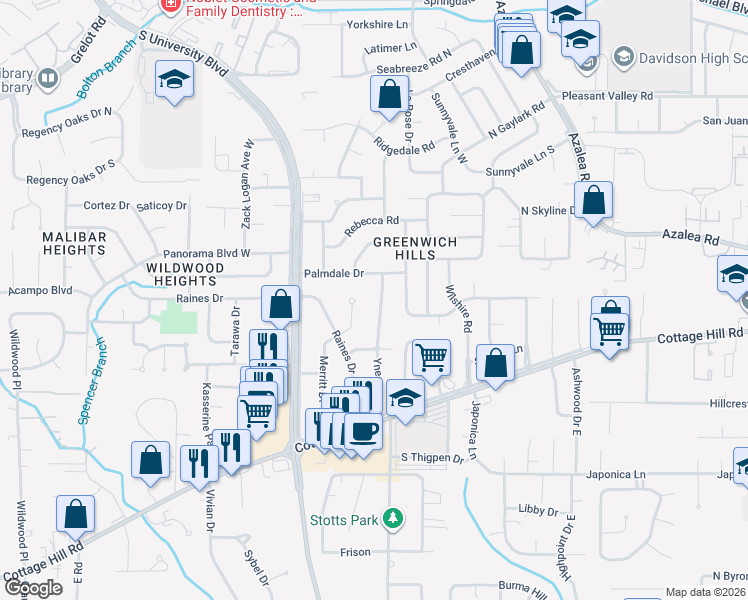 map of restaurants, bars, coffee shops, grocery stores, and more near 654 Ynestra Drive in Mobile