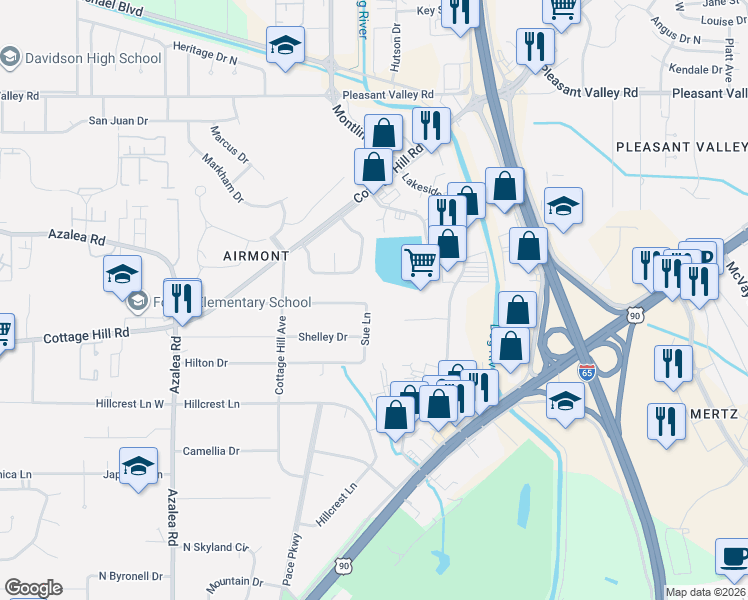 map of restaurants, bars, coffee shops, grocery stores, and more near 751 Sue Ln in Mobile