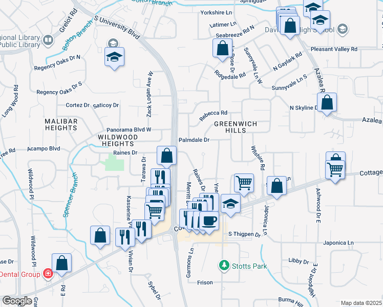 map of restaurants, bars, coffee shops, grocery stores, and more near 653 Raines Drive in Mobile