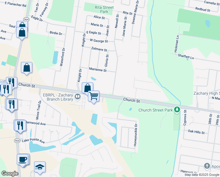 map of restaurants, bars, coffee shops, grocery stores, and more near 4747 Newell Street in Zachary