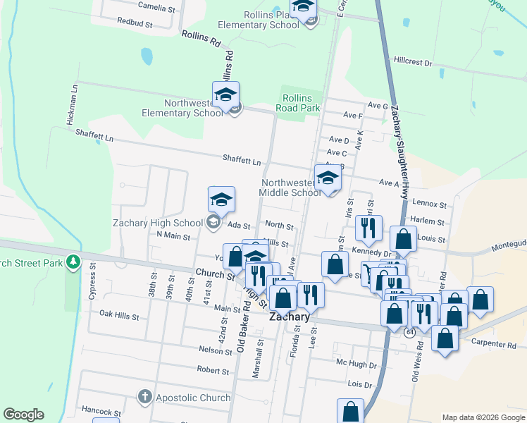 map of restaurants, bars, coffee shops, grocery stores, and more near 5048 Rollins Road in Zachary