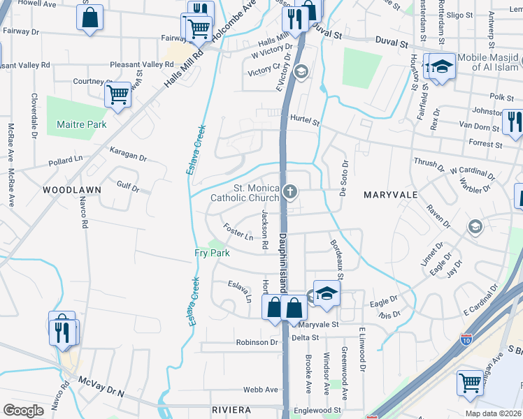 map of restaurants, bars, coffee shops, grocery stores, and more near 1112 Jackson Road in Mobile