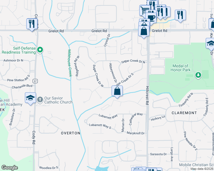 map of restaurants, bars, coffee shops, grocery stores, and more near 6656 Sugar Creek Drive South in Mobile