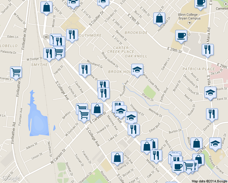 map of restaurants, bars, coffee shops, grocery stores, and more near 525 Wayside Dr in Bryan