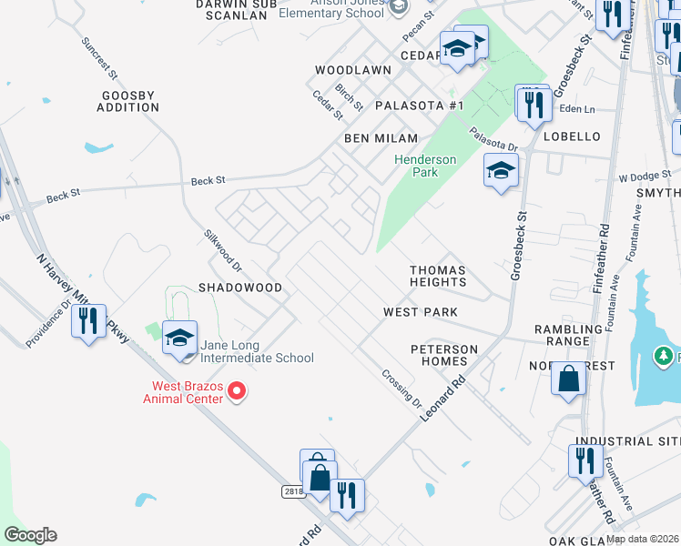 map of restaurants, bars, coffee shops, grocery stores, and more near 920 Clear Leaf Drive in Bryan