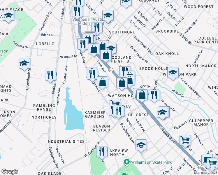 map of restaurants, bars, coffee shops, grocery stores, and more near 1709 Echols Street in Bryan