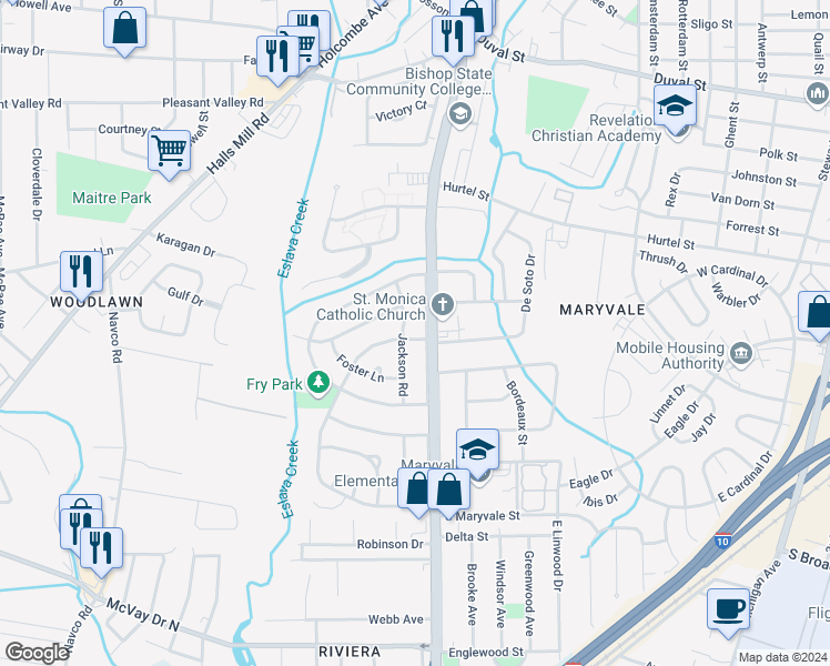 map of restaurants, bars, coffee shops, grocery stores, and more near 2002 Zula Lane in Mobile