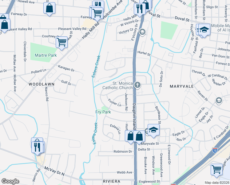 map of restaurants, bars, coffee shops, grocery stores, and more near 2065 Holmes Drive in Mobile