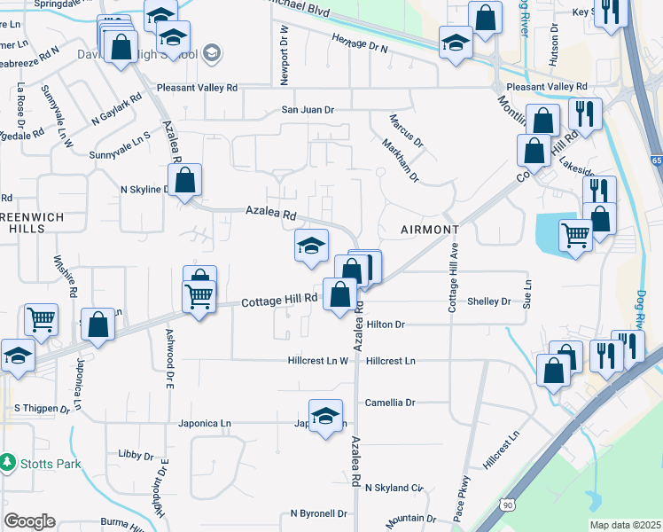 map of restaurants, bars, coffee shops, grocery stores, and more near 3956 Cottage Hill Road in Mobile