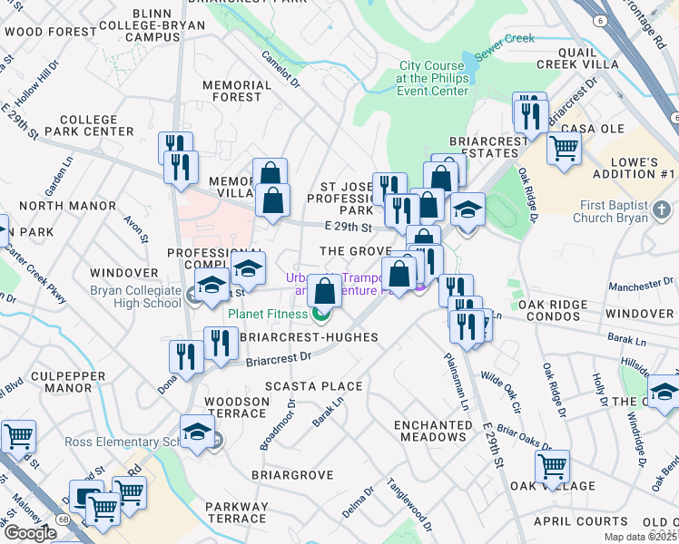 map of restaurants, bars, coffee shops, grocery stores, and more near 3130 East 29th Street in Bryan