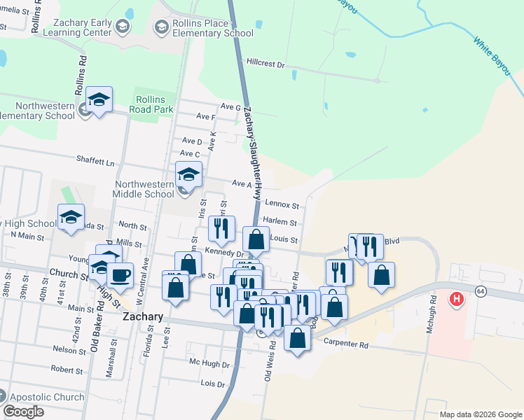 map of restaurants, bars, coffee shops, grocery stores, and more near 5252 Louisiana 19 in Zachary