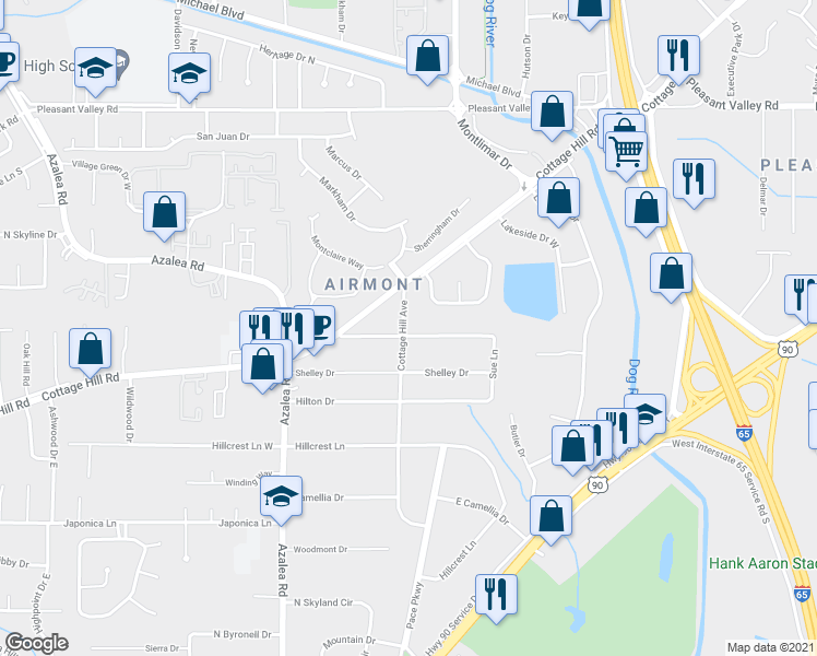 map of restaurants, bars, coffee shops, grocery stores, and more near 3844 Hawthorne Drive in Mobile
