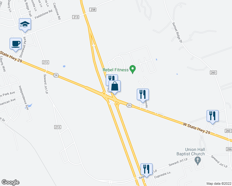 map of restaurants, bars, coffee shops, grocery stores, and more near 40 U.S. 183 in Liberty Hill