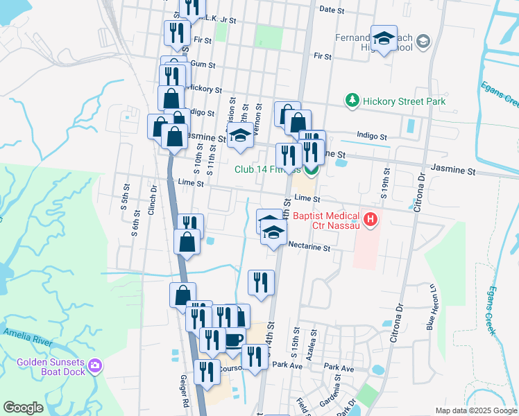 map of restaurants, bars, coffee shops, grocery stores, and more near 111 Vintage Way in Fernandina Beach