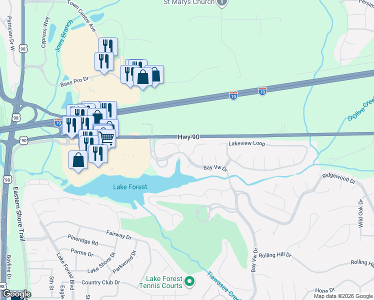 map of restaurants, bars, coffee shops, grocery stores, and more near 121 Bay View Drive in Daphne