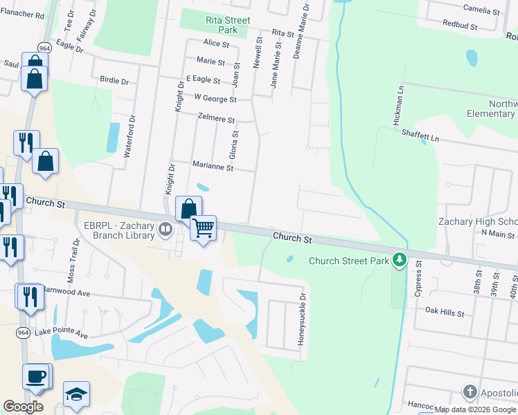 map of restaurants, bars, coffee shops, grocery stores, and more near 4747 Newell Street in Zachary