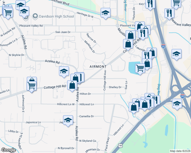 map of restaurants, bars, coffee shops, grocery stores, and more near 3868 Hawthorne Drive in Mobile