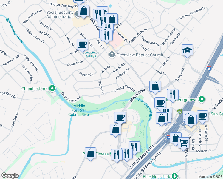 map of restaurants, bars, coffee shops, grocery stores, and more near 805 Country Club Road in Georgetown