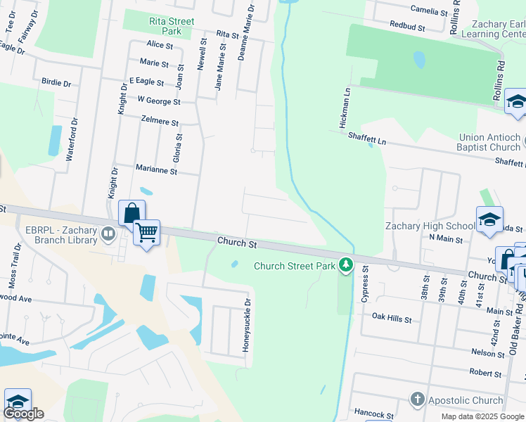 map of restaurants, bars, coffee shops, grocery stores, and more near 2739 March Street in Zachary