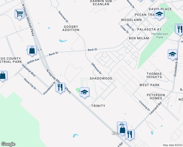 map of restaurants, bars, coffee shops, grocery stores, and more near 200 Copper Falls Drive in Bryan